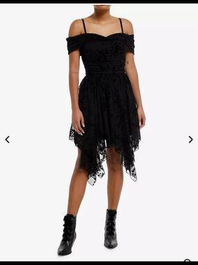 Cosmic Aura Hot Topic Black Off-Shoulder Handkerchief Hem Dress